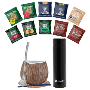Zestaw do Yerba Mate: Matero "Coconut" + Termos LED + Próbki Soul Mate, Verde Mate, El Fuego, Guarani i Yaguar 10x50g (0,5kg Suszu) + Akcesoria