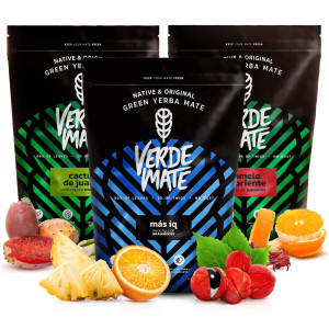 Trzypak Yerba Mate Verde Mate Green: Más IQ 500g, Cactus de Juarez 500g i Pomelo de Oriente 500g (1,5kg Suszu) – Venusti | Brazylijska