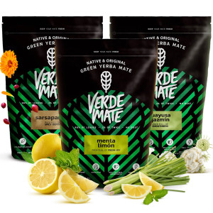 Trzypak Yerba Mate Verde Mate Green: Sarsaparilla 500g, Menta Limón 500g i Guayusa Jazmín 500g (1,5kg Suszu) – Venusti | Brazylijska