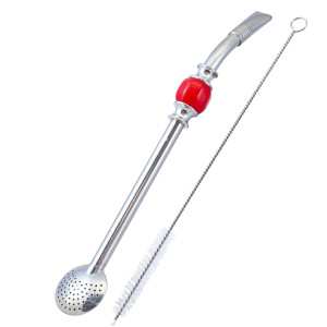 Bombilla do Yerba Mate Chimarrão "Bomba" Inox z Pierścieniem Chłodzącym (Czerwony Kamień) i Czyścikiem 21cm – Cebador (Słomka z Filtrem – Bomba)