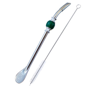 Bombilla do Yerba Mate "Grande" Inox Rozkręcana, z Pierścieniem Chłodzącym (Zielony Kamień) i Czyścikiem 22cm – Cebador (Słomka z Filtrem – Łyżeczka)