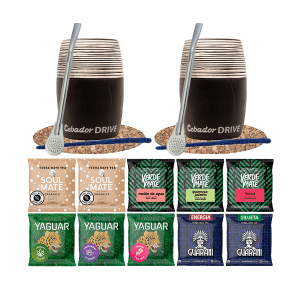 Zestaw do Yerba Mate: 2x Matero "Drive" + 2x Bombilla + Próbki Verde Mate, Guarani, Yaguar i Soul Mate 10x50g (0,5kg Suszu) + Akcesoria – dla Dwojga