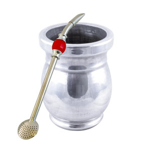 Zestaw Akcesoriów do Yerba Mate: Matero z Drewna Palo Santo "Diego" + Bombilla "Bomba" z Pierścieniem Chłodzącym (Czerwony Kamień) i Czyścikiem