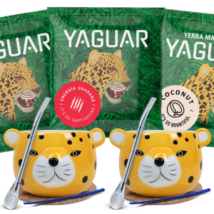 Zestaw do Yerba Mate: 2x Matero / Tykwa "Yaguar Gatito" + 2x Bombilla + Próbki Yaguar 3x50g (0,15kg Suszu) + Akcesoria – dla Dwojga, dla Par