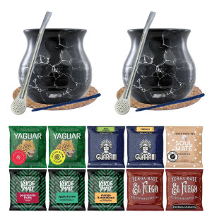 Zestaw do Yerba Mate: 2x Matero "Marmori" + 2x Bombilla + Próbki Yaguar, Guarani, Soul Mate, Verde Mate i El Fuego 10x50g (0,5kg Suszu) + Akcesoria