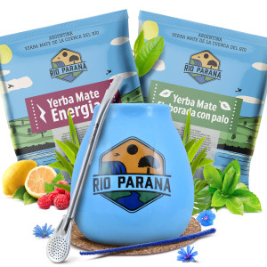 Zestaw do Yerba Mate: Matero Ceramiczne / Tykwa z Logo Rio Parana Niebieska + Bombilla + Próbki Rio Parana 2x50g (0,1kg Suszu) + Akcesoria