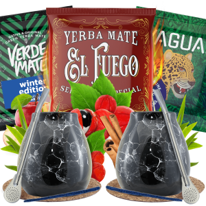 Zestaw do Yerba Mate: 2x Matero "Marmol Black" + 2x Bombilla + Próbki El Fuego, Verde Mate i Yaguar 3x50g (0,15kg Suszu) + Akcesoria – dla Dwojga