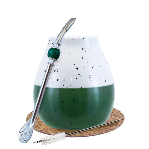 Zestaw Akcesoriów do Yerba Mate: Matero Ceramiczne / Tykwa "Papagayo" + Bombilla "Grande" z Pierścieniem Chłodzącym (Zielony Kamień) + Akcesoria