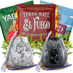 Zestaw do Yerba Mate: Matero "Marmol Blanco" i "Marmol Black" + 2x Bombilla + Próbki Yaguar, El Fuego i Rio Parana 3x50g (0,15kg Suszu) + Akcesoria