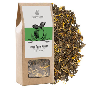 Herbata Zielona Green Apple Power 50g – Herbata Sypana – Zielona Herbata Gunpowder z Chin – Herbata z Dodatkiem Jabłka – Orzeźwiający Smak – Mary Rose