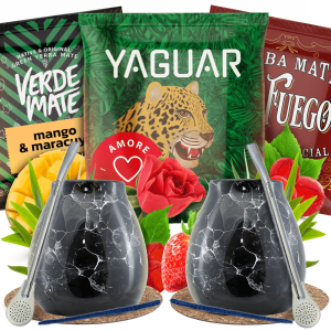 Zestaw do Yerba Mate: 2x Matero "Marmol Black" + 2x Bombilla + Próbki El Fuego, Yaguar i Verde Mate 3x50g (0,15kg Suszu) + Akcesoria – dla Dwojga