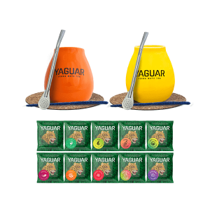 Zestaw do Yerba Mate: 2x Matero Ceramiczne / Tykwa z Logo Yaguar + 2x Bombilla + Próbki Yaguar 10x50g (0,5kg Suszu) + Akcesoria – dla Dwojga