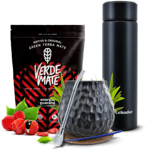 Zestaw Yerba Mate: Verde Mate Green Energía Guaraná 400g (0,4kg) + Termos LED + Tykwa Plaster Miodu + Bombilla Mercedes