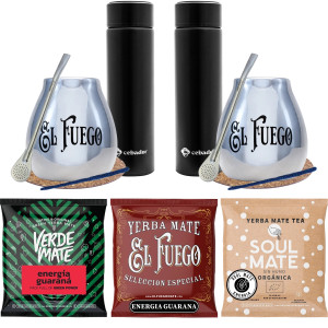 Zestaw do Yerba Mate: 2x Matero + 2x Termos LED + 2x Bombilla + Próbki Soul Mate, El Fuego i Verde Mate 3x50g (0,15kg Suszu) + Akcesoria – dla Pary