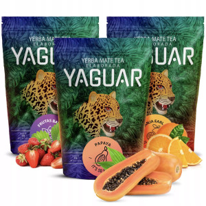 Trzypak Yerba Mate Yaguar: Papaya 500g, Frutas Bayas 500g i Naranja Earl Grey 500g (1,5kg Suszu) – Venusti | Brazylijska