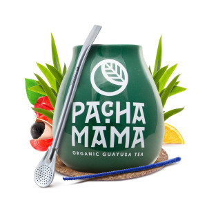 Zestaw Akcesoriów do Ilex Guayusa: Matero Ceramiczne / Tykwa z Logo Pachamama + Bombilla 19cm + Akcesoria – Startowy