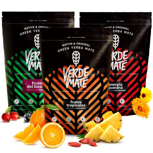 Trzypak Yerba Mate Verde Mate Green: Energía Guaraná 500g, Frutos del Bosque 500g i Frutos Tropicales 500g (1,5kg Suszu)