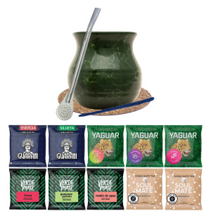 Zestaw do Yerba Mate: Matero Ceramiczne / Tykwa "Marble" + Bombilla + Próbki Verde Mate, Yaguar, Soul Mate i Guarani 10x50g (0,5kg Suszu) + Akcesoria