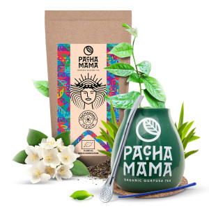 Zestaw Guayusa Pachamama Jazmín 100g (0,1kg) + Matero Ceramiczne / Tykwa + Bombilla + Akcesoria – z Organicznym Certyfikatem | Ilex Guayusa z Ekwadoru