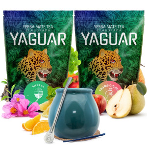 Zestaw Yerba Mate Yaguar Silueta 500g i Frutas Dulces 500g (1kg Suszu) + Matero Ceramiczne / Tykwa "Turquesa" + Bombilla + Akcesoria