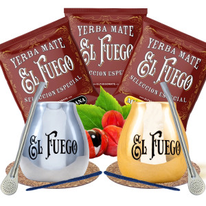 Zestaw do Yerba Mate: 2x Matero Ceramiczne / Tykwa z Logo El Fuego + 2x Bombilla + Próbki El Fuego 3x50g (0,15kg Suszu) + Akcesoria – dla Dwojga