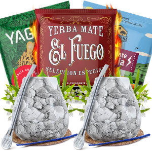 Zestaw do Yerba Mate: 2x Matero "Marmol Blanco" + 2x Bombilla + Próbki Yaguar, El Fuego i Rio Parana 3x50g (0,15kg Suszu) + Akcesoria – dla Dwojga