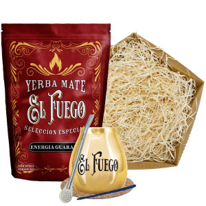 Zestaw Yerba Mate El Fuego Energia Guarana 500g (0,5kg Suszu) + Matero Ceramiczne / Tykwa + Bombilla + Akcesoria – Prezentowy