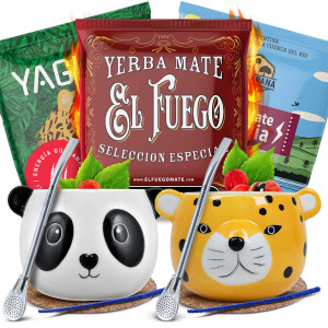 Zestaw do Yerba Mate: Matero "Panda" i "Yaguar Gatito" + 2x Bombilla + Próbki Yaguar, El Fuego i Rio Parana 3x50g (0,15kg Suszu) + Akcesoria