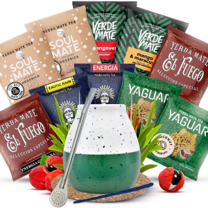Zestaw do Yerba Mate: Matero Ceramiczne / Tykwa + Bombilla + Próbki Soul Mate, Verde Mate, El Fuego, Guarani i Yaguar 10x50g (0,5kg Suszu) + Akcesoria