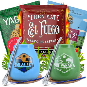 Zestaw do Yerba Mate: 2x Matero Ceramiczne / Tykwa + 2x Bombilla + Próbki Yaguar, El Fuego i Rio Parana 3x50g (0,15kg Suszu) + Akcesoria – dla Dwojga