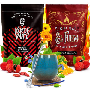 Zestaw Yerba Mate Verde Mate Green Energía Guaraná 500g + El Fuego Energia Guarana 500g (1kg Suszu) + Matero / Tykwa "Isla" + Bombilla + Akcesoria