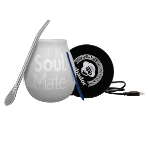 Zestaw Akcesoriów do Yerba Mate: Matero Ceramiczne / Tykwa z Logo Soul Mate + Podgrzewacz USB + Bombilla + Akcesoria