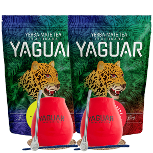 Zestaw Yerba Mate Yaguar Energía Guaraná 500g i Limón 500g (1kg Suszu) + 2x Matero Ceramiczne / Tykwa + 2x Bombilla + Akcesoria – Startowy, dla Dwojga