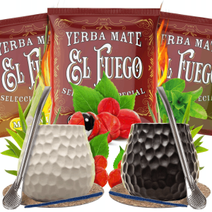 Zestaw do Yerba Mate: 2x Matero Ceramiczne / Tykwa "Plaster Miodu" + 2x Bombilla + Próbki El Fuego 3x50g (0,15kg Suszu) + Akcesoria – dla Dwojga
