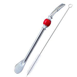 Bombilla do Yerba Mate "Grande" Inox Rozkręcana, z Pierścieniem Chłodzącym (Czerwony Kamień) i Czyścikiem 22cm – Cebador (Słomka z Filtrem – Łyżeczka)