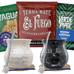 Zestaw do Yerba Mate: 2x Matero / Tykwa + 2x Bombilla + Próbki El Fuego, Verde Mate Green i Yaguar 3x50g (0,15kg Suszu) + Akcesoria – dla Dwojga