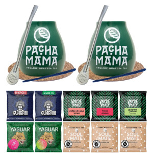 Zestaw do Yerba Mate: 2x Matero / Tykwa + 2x Bombilla + Próbki Verde Mate, Yaguar, Soul Mate i Guarani 10x50g (0,5kg Suszu) + Akcesoria – dla Dwojga