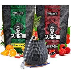 Zestaw Yerba Mate Guarani Energia con Guarana 500g i Exotic Rain 500g (1kg Suszu) + Matero Ceramiczne "Plaster Miodu" + Bombilla + Akcesoria