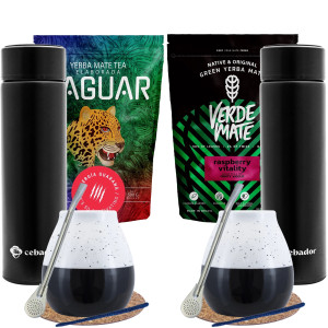 Zestaw Yerba Mate Verde Mate Green Raspberry Vitality 500g + Yaguar Energía Guaraná 500g (1kg Suszu) + 2x Matero + 2x Termos LED + Akcesoria