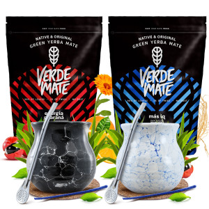 Zestaw Yerba Mate Verde Mate Green Más IQ 500g i Energía Guaraná 500g (1kg Suszu) + 2x Matero / Tykwa + 2x Bombilla + Akcesoria – dla Dwojga, dla Par