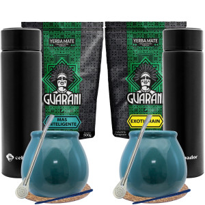 Zestaw Yerba Mate Guarani Mas Inteligente 500g i Exotic Rain 500g (1kg Suszu) + 2x Matero "Turquesa" + 2x Termos LED + 2x Bombilla + Akcesoria