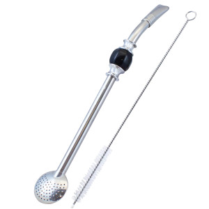 Bombilla do Yerba Mate Chimarrão "Bomba" Inox z Pierścieniem Chłodzącym (Czarny Kamień) i Czyścikiem 21cm – Cebador (Słomka z Filtrem – Bomba)