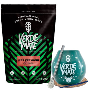 Zestaw Yerba Mate Verde Mate Green Let's Get Warm 500g (0,5kg Suszu) + Matero / Tykwa "Winter Time" + Bombilla + Akcesoria – Startowy, Zimowy