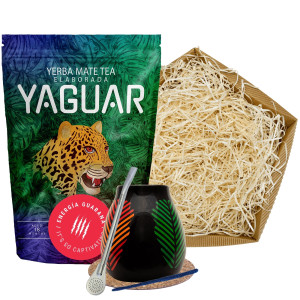 Zestaw Yerba Mate Yaguar Energía Guaraná 500g (0,5kg Suszu) + Matero Ceramiczne / Tykwa "Samba" + Bombilla + Akcesoria – Prezentowy