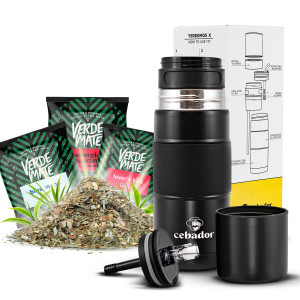 Zestaw do Yerba Mate Outdoor: Yerbomos X All in One 450ml + 3x Verde Mate Green (Energía Guaraná 50g + Blue Moon 50g + Lover's Kiss 50g)
