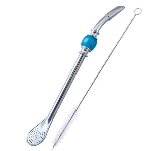 Bombilla do Yerba Mate "Grande" Inox Rozkręcana, z Pierścieniem Chłodzącym (Niebieski Kamień) i Czyścikiem 22cm – Cebador (Rurka z Filtrem – Łyżeczka)