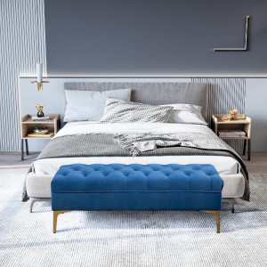 dechome 163v01831 Panca Fondo Letto Design Retrò 118x45x42a Cm In Velluto E Metallo Colore Blu
