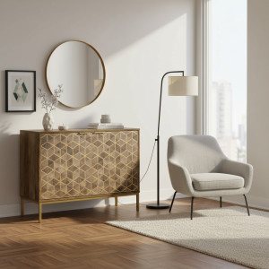 dechome 366/839 Mobile Soggiorno Stile Vintage Decori Dorati E Gambe In Acciaio 99x39x75.5cm