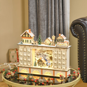 dechome 870dh13 Calendario Dell'Avvento In Legno Con 24 Cassetti Decorazione Con Villaggio Di Natale E Luci 44x10x37cm Legno