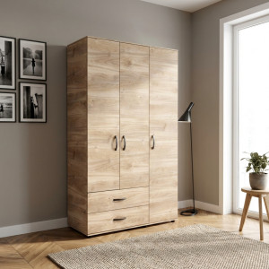 dechome Grk738k358 Armadio Guardaroba 3 Ante Battenti E 2 Cassetti Con Asta Appendiabiti Dimensioni 120x52x205 Cm Colore Rovere Miele